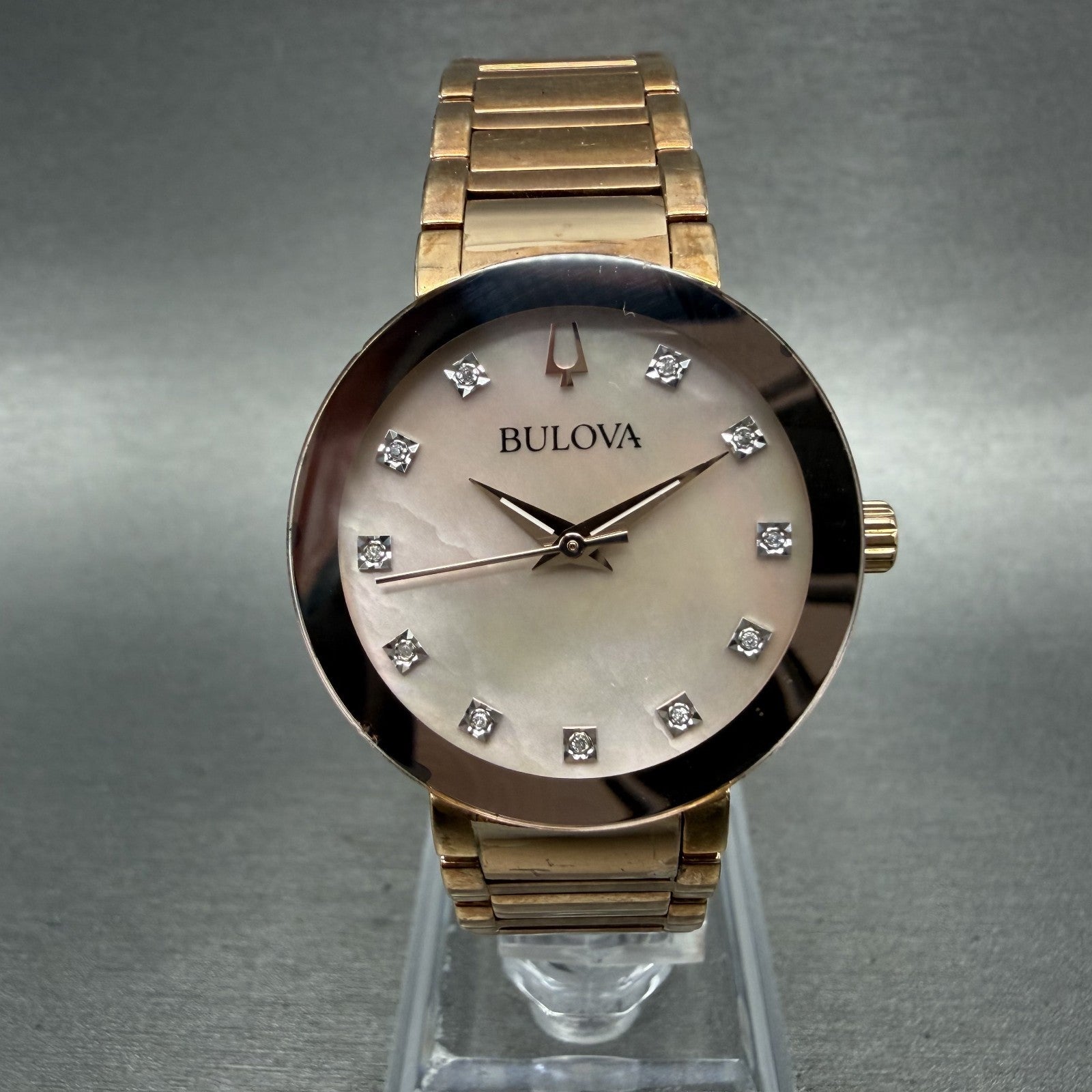 Bulova Futuro Watch Women 30mm MOP Dial Rose Gold Tone Round 97P132 New Battery0