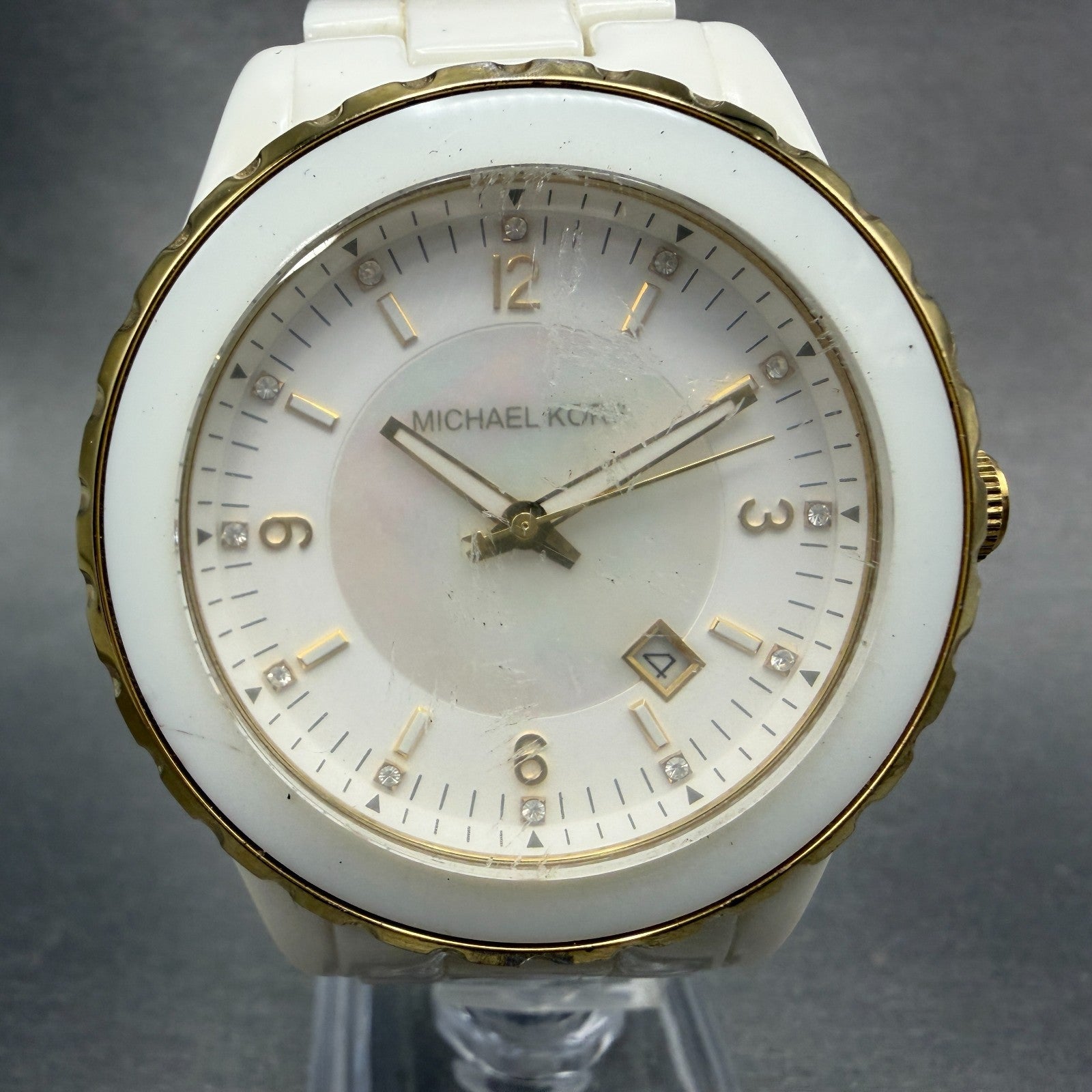 Michael Kors Madison Watch Women 41mm MOP Dial White Tone Date Mk-5249 New Batt0
