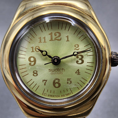 Swatch Irony FLORA Watch Women 25mm Champagne Dial Roes Gold Tone Round New Batt1
