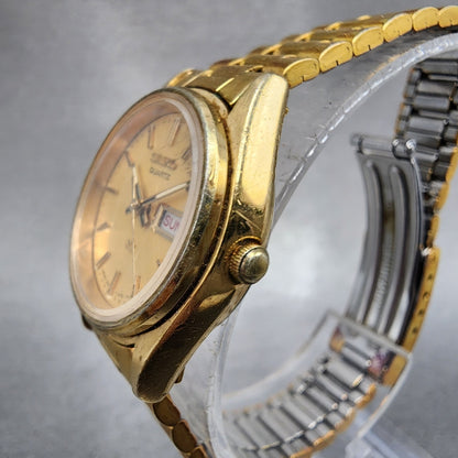 Seiko SQ Watch Women 24mm Gold Dial Gold Tone Daydate Round 34230099 New Batt1