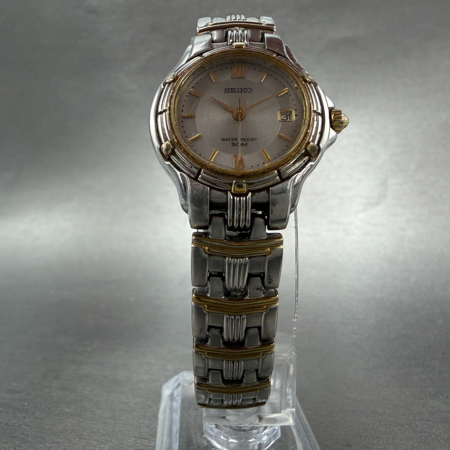 Seiko Watch Women 26mm Silver Dial Two Tone Date Round 7N82-0789 New Battery5
