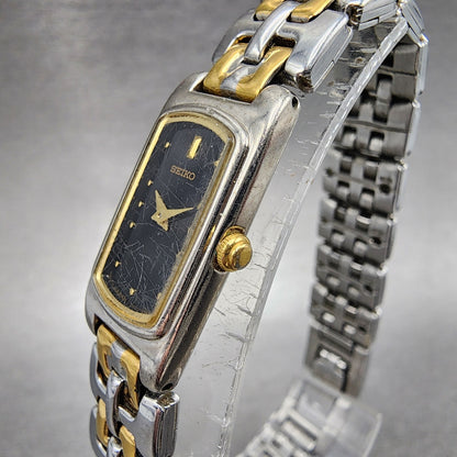 Seiko Watch Women 14mm Black Dial Two Tone Rectangle 2E207289 New Battery2