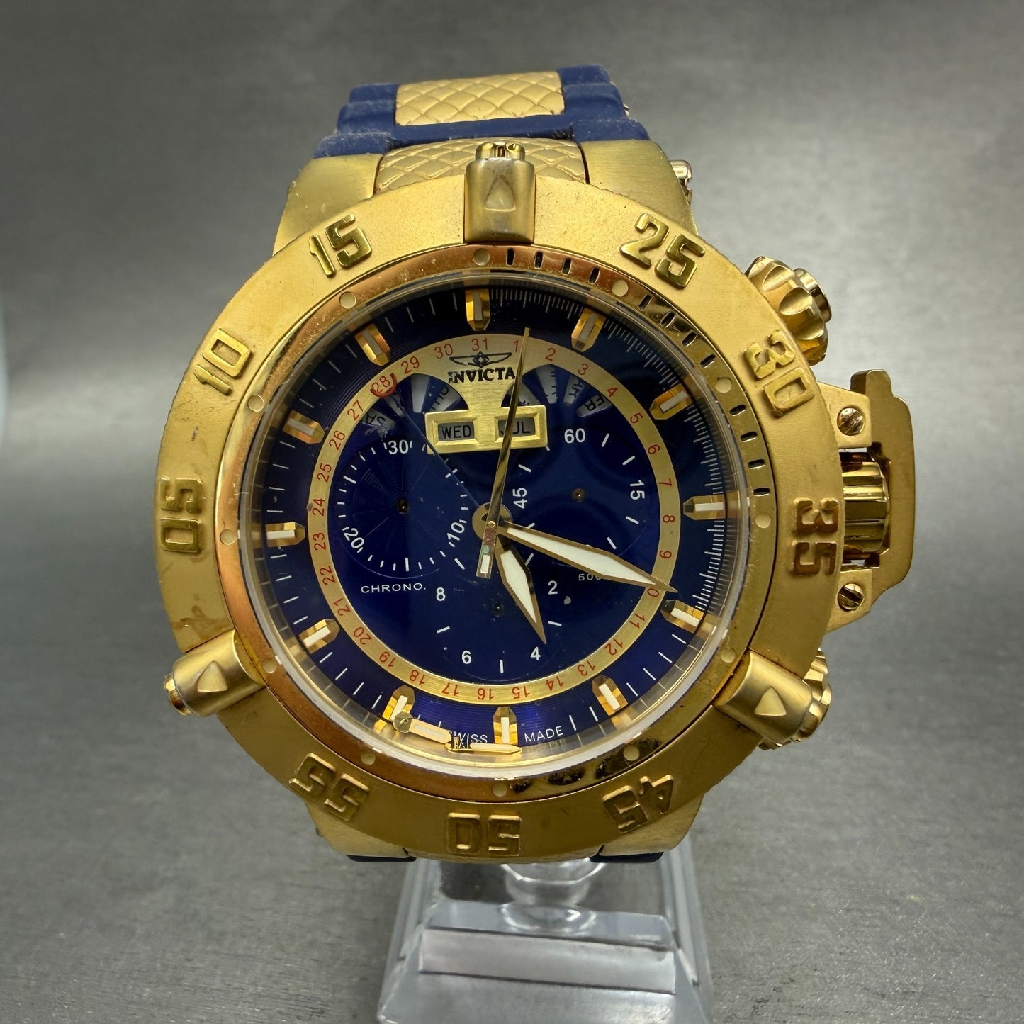 Invicta Sub Aqua Triple Calendar Watch Men 50mm Blue Dial Gold Tone 5698 PARTS0