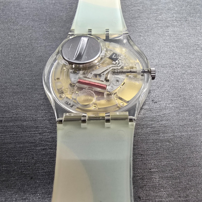 Swatch Kymata Watch Men 34mm Blue Dial Clear Case Round GE148 New Battery14