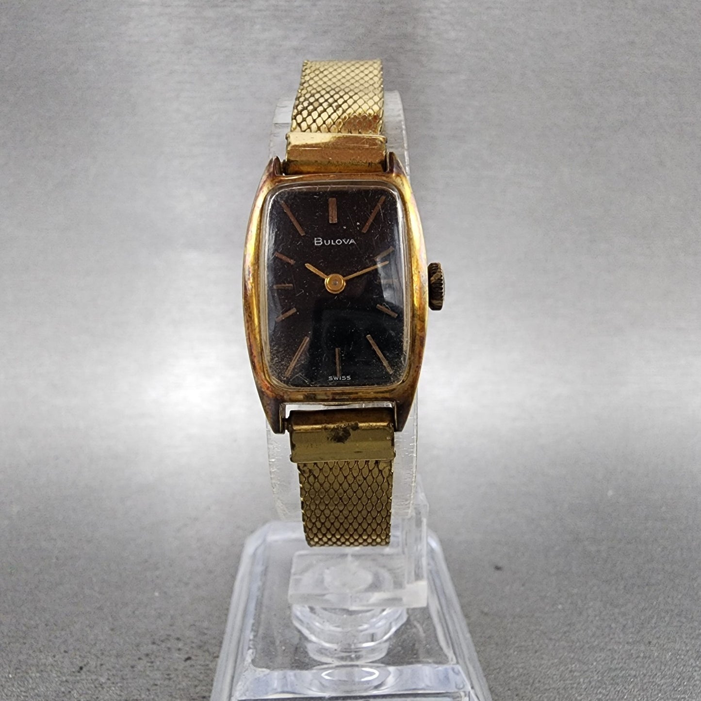 Bulova Tank Watch Women 17mm Black Dial Gold Tone Rectangle Manual Wind Runs VTG5