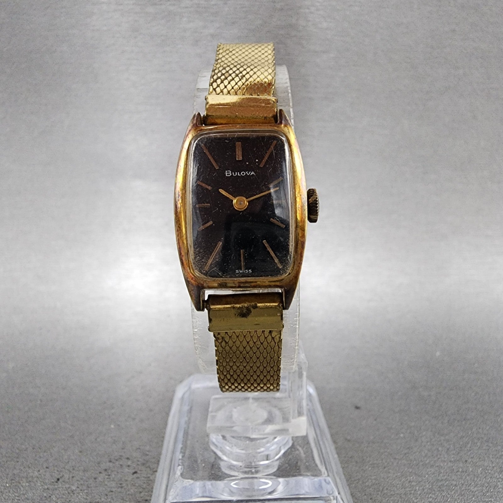 Bulova Tank Watch Women 17mm Black Dial Gold Tone Rectangle Manual Wind Runs VTG5