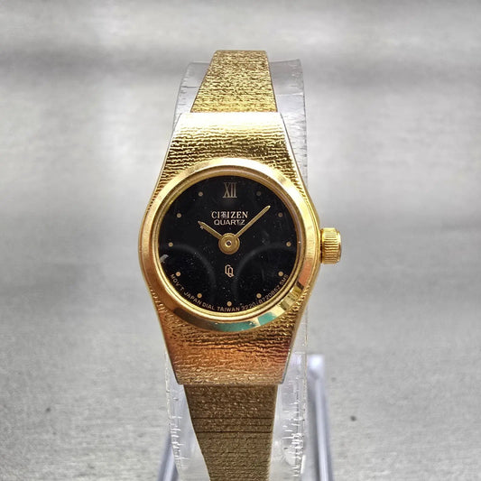 Citizen CQ Watch Women 17mm Black Dial Gold Tone Oval 3220-890779 New Battery0