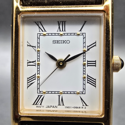 Seiko Tank Watch Women 18mm White Dial Gold Rectangle 1N01-5G40 New Battery1