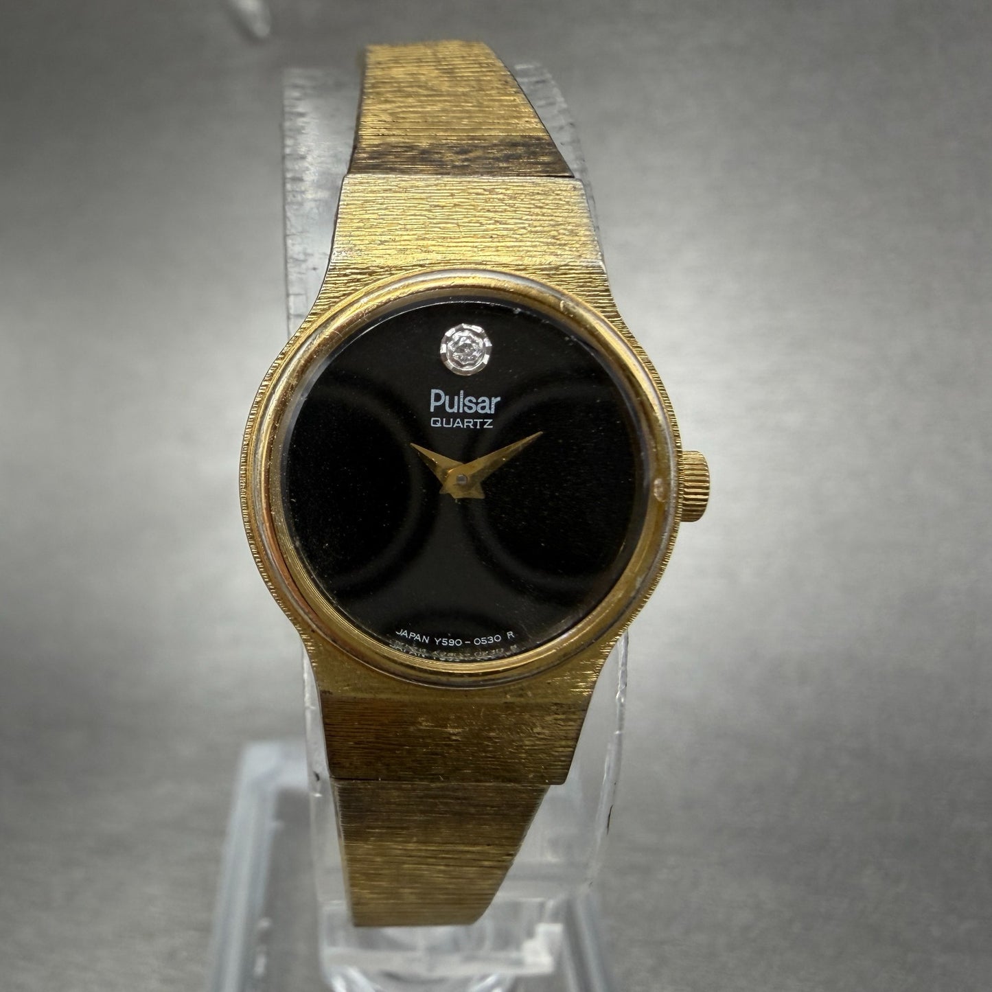 Pulsar Watch Women 18mm Black Dial Gold Tone Round Y590-0109 New Battery0