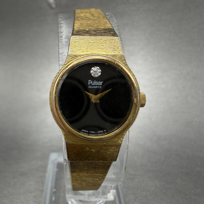 Pulsar Watch Women 18mm Black Dial Gold Tone Round Y590-0109 New Battery0