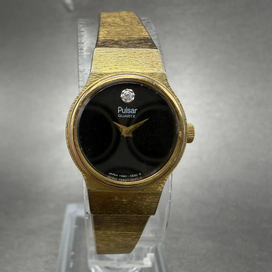 Pulsar Watch Women 18mm Black Dial Gold Tone Round Y590-0109 New Battery0