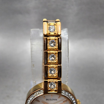 Bulova Crystal Watch Women 22mm MOP Dial Rose Gold Tone Crystal Bezel New Batt5