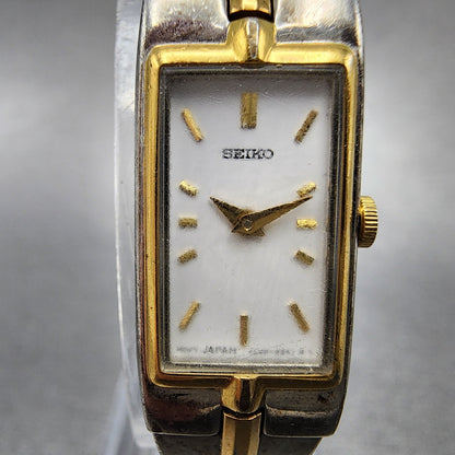 Seiko Tank Watch Women 13mm White Dial two Tone Rectangle 2e207479 New Battery1