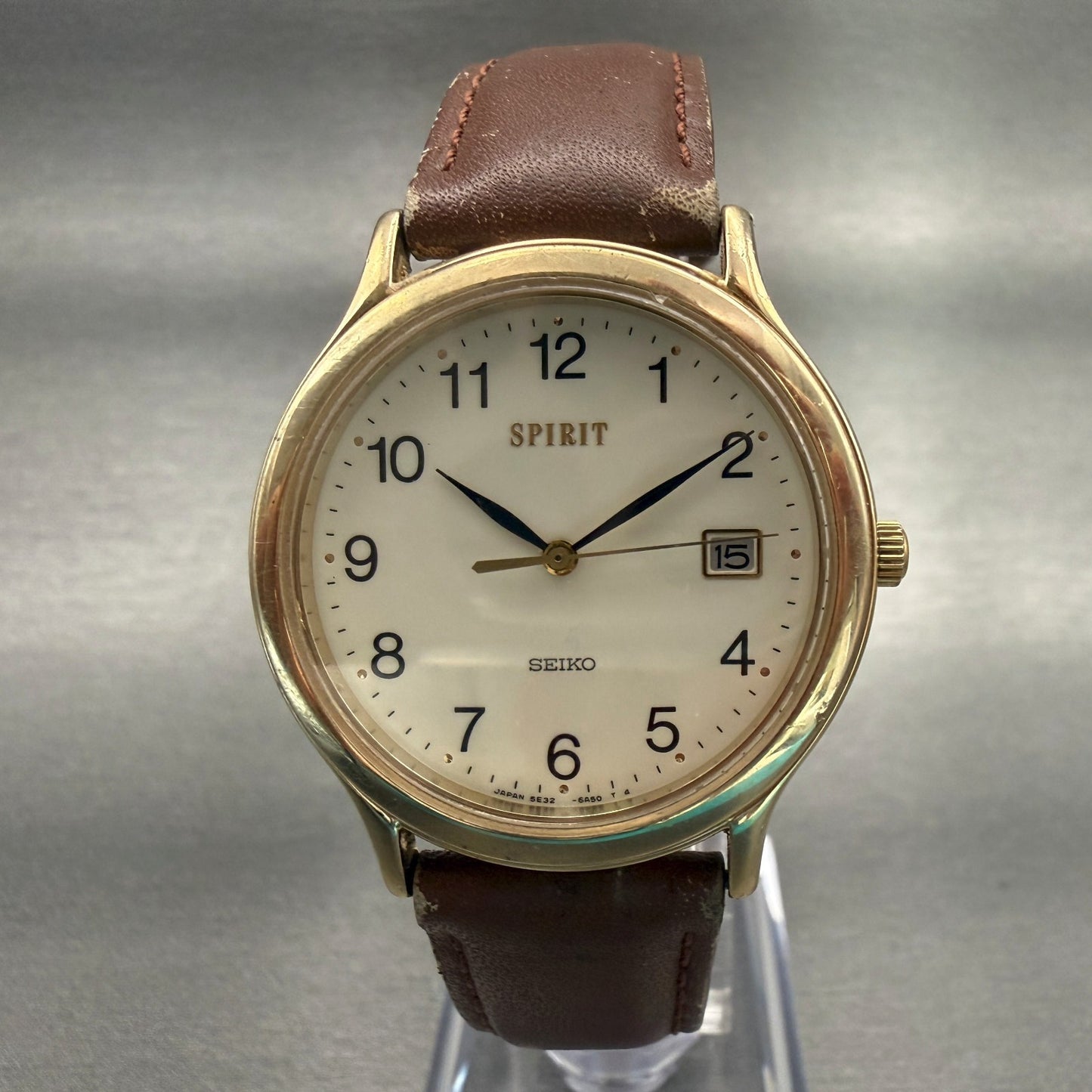 Seiko Spirit Watch Men 33mm Champagne Dial Gold Tone Date Round 5E32-6A3A Newbat0
