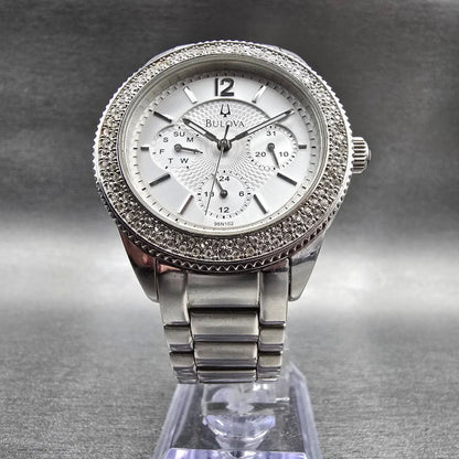 Bulova Watch Women 38mm Silver Dial Silver Tone Daydate Crystals 96N102 New Batt5