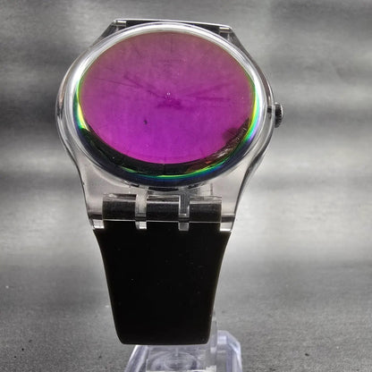 Swatch POLARMY Watch Men Purple Dial Clear Case Daydate Round SUOK714 New Batt5