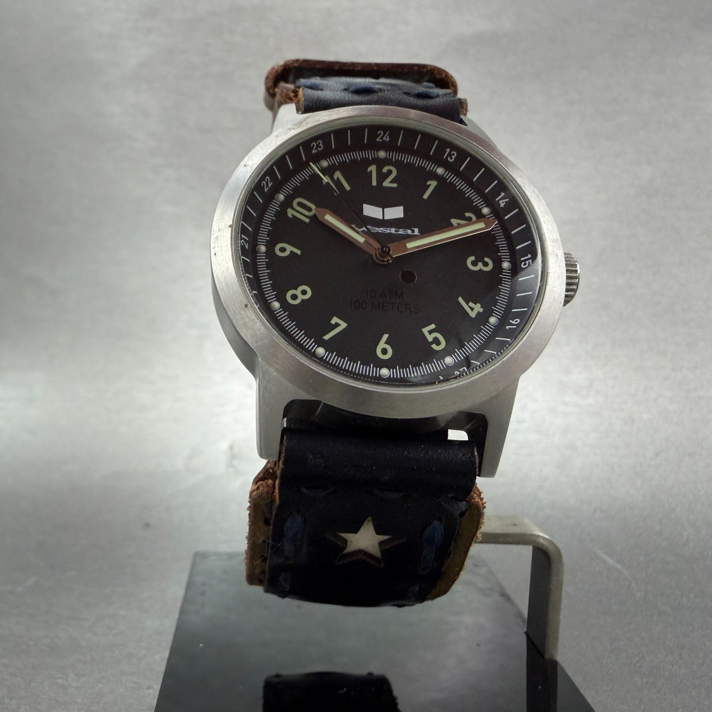 Vestal Alpha Bravo Watch Men 37mm Black Dial Steel Round New Battery W/Box5