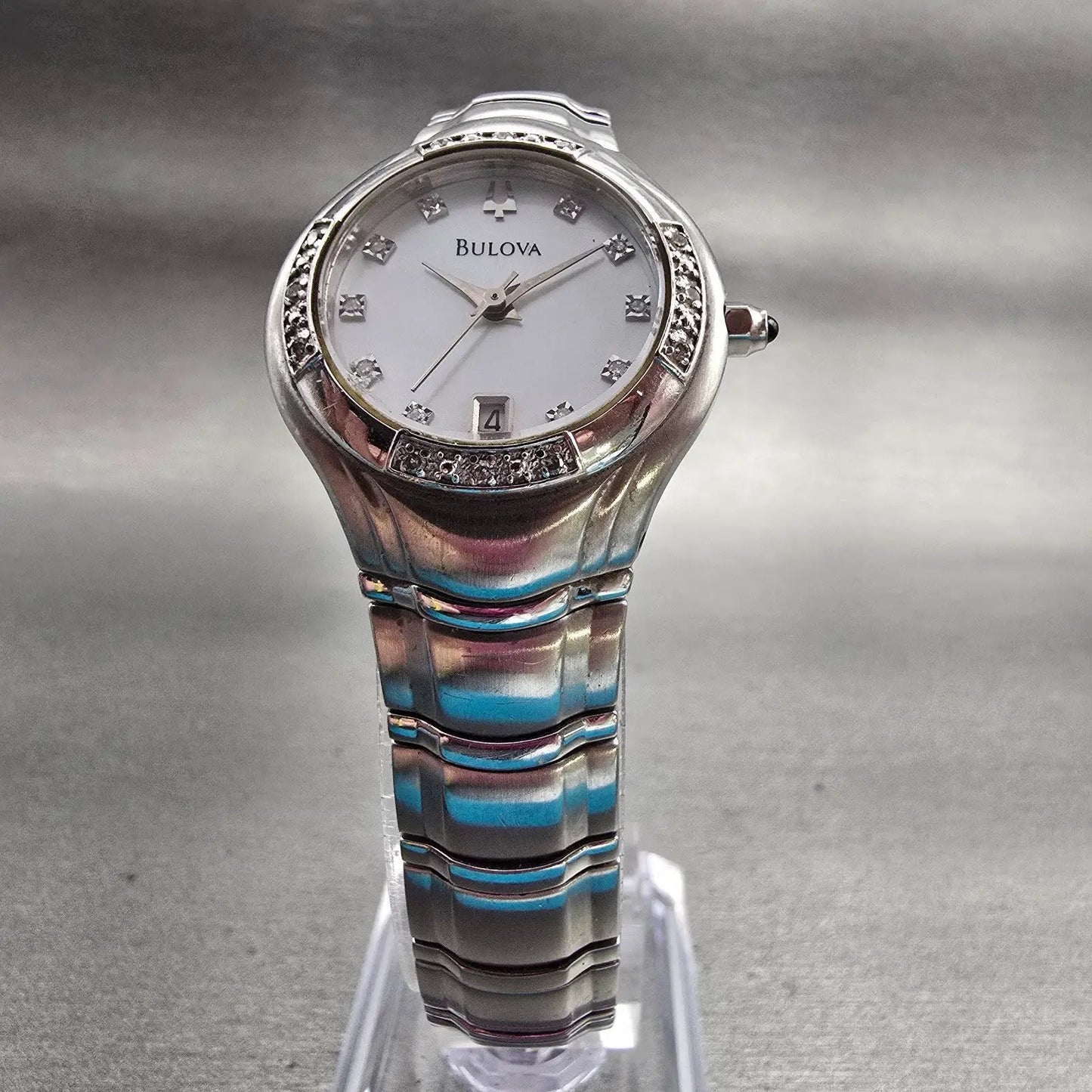 Bulova Watch Women 26mm MOP Dial Silver Tone Date Diamonds Round New Batt 96R104