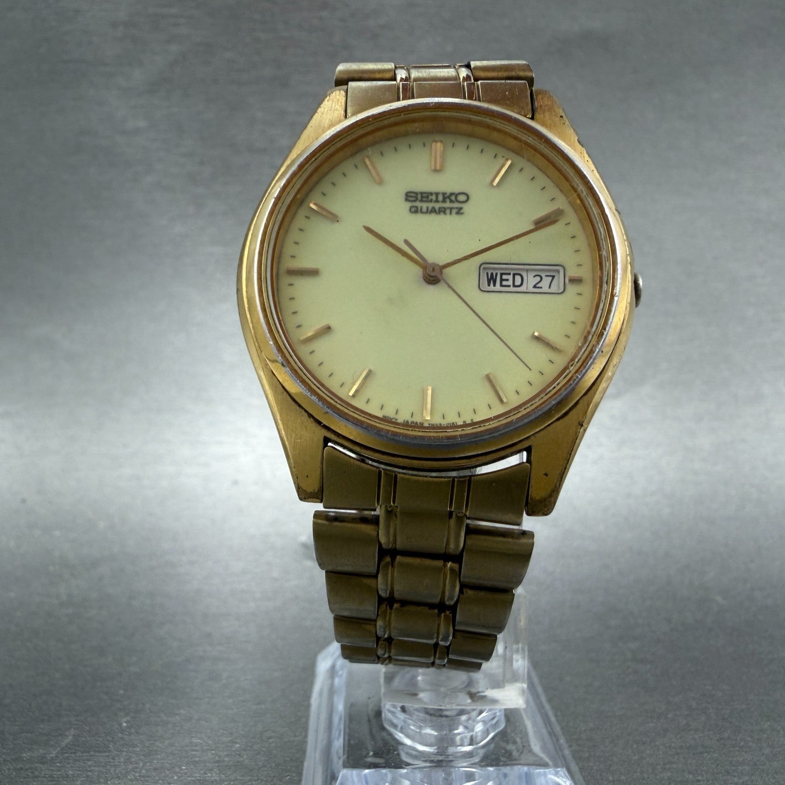 Seiko Watch Men 37mm Luminous Dial Gold Tone Daydate Round 7N43-9048 New Batt 7H5