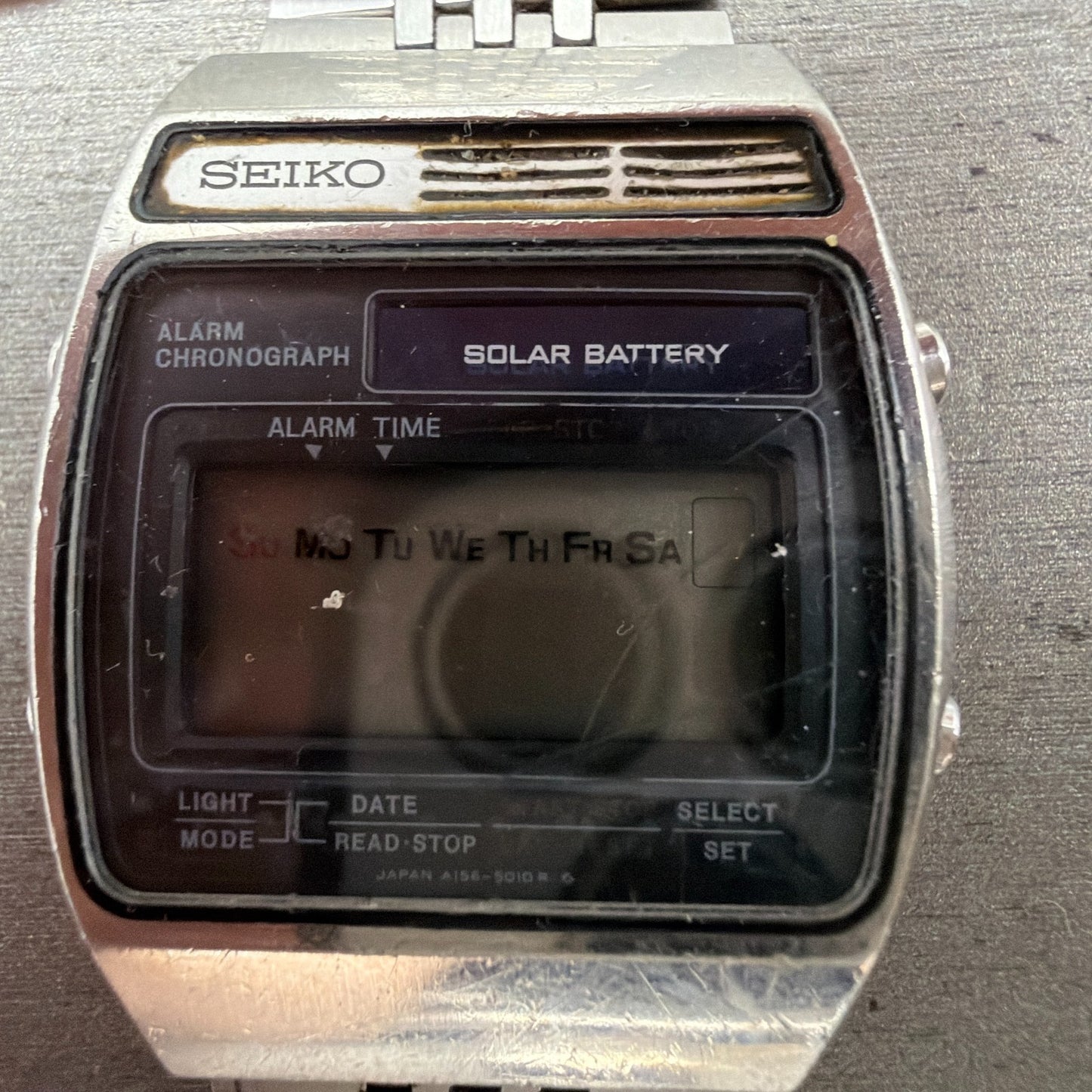 Seiko Digital Watch Men 34mm LCD Alarm Chrono Solar Silver Tone A156-5029 PARTS2