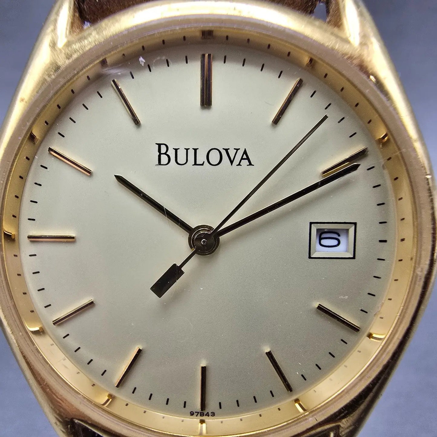 Bulova Watch Men 33mm Champagne Dial Gold Tone Date Round 97B43 New Battery1