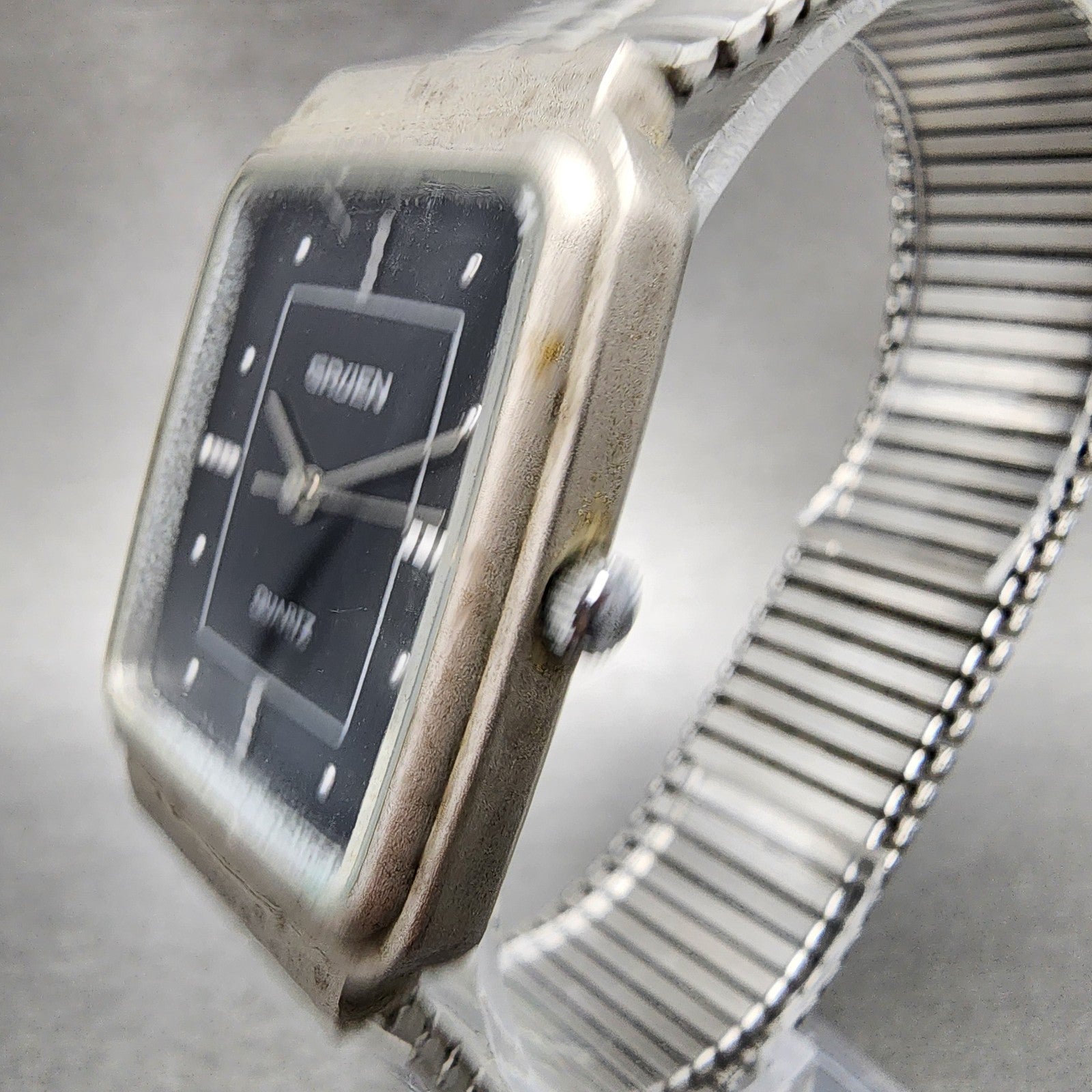 Gruen Tank Watch Men 28mm Black Dial Silver Tone Rectangle 192Y121 New Battery2