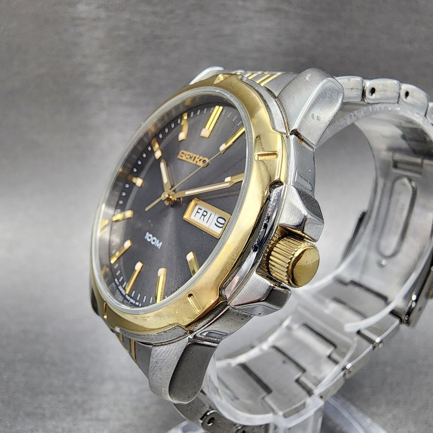 Seiko Watch Men 39mm Black Dial Two Tone Round Daydate 7n430az0 New Batttery2