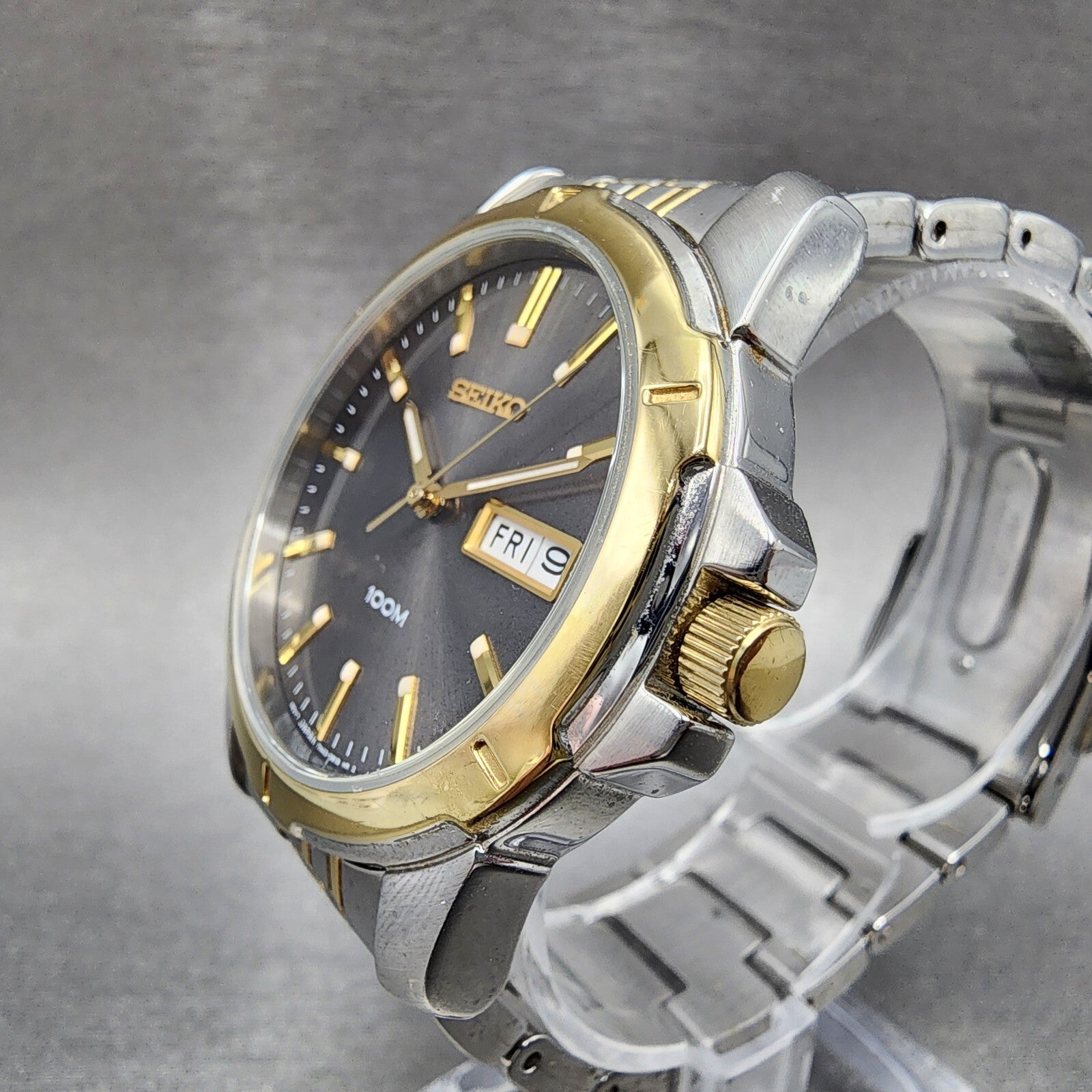 Seiko Watch Men 39mm Black Dial Two Tone Round Daydate 7n430az0 New Batttery2