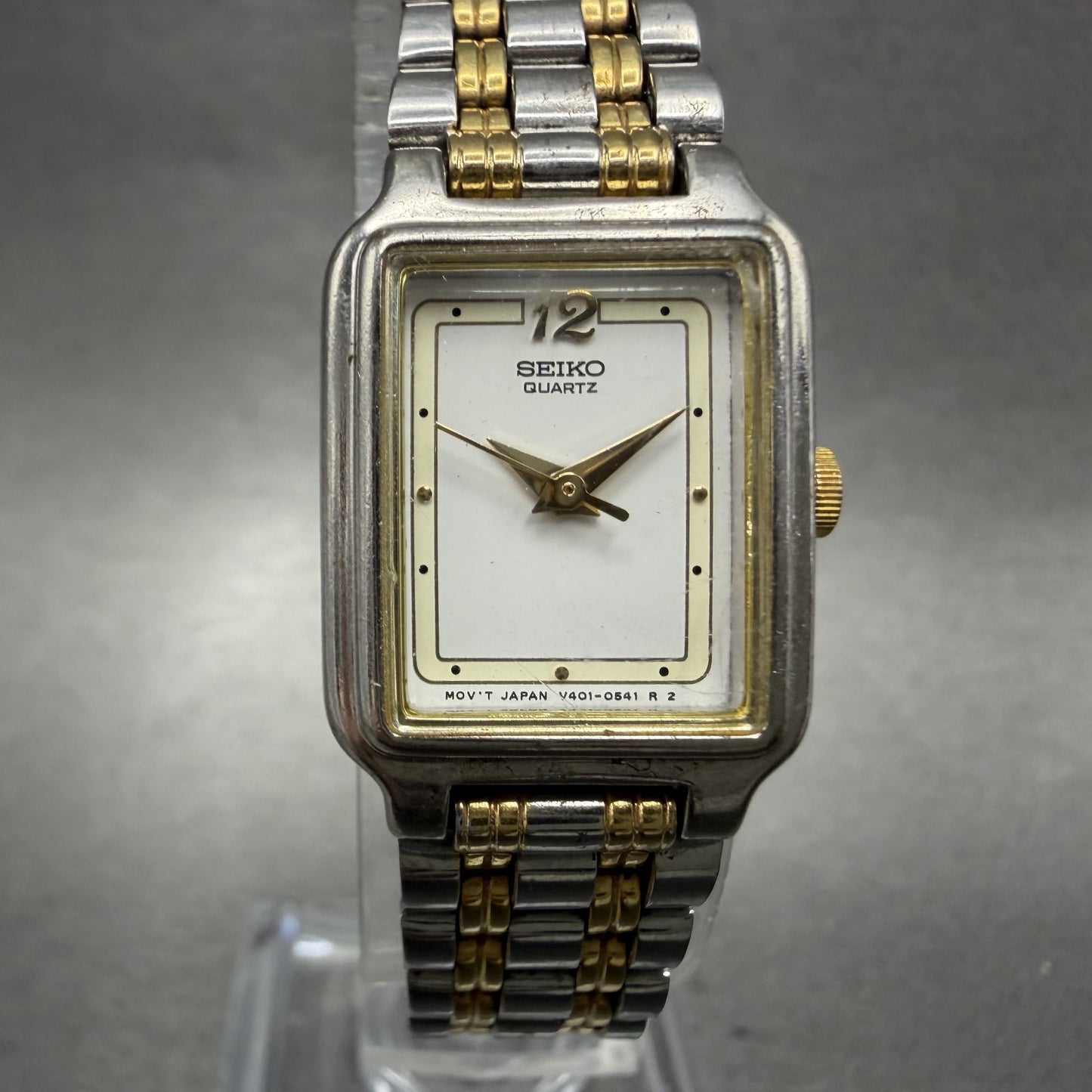 Seiko Tank Watch Women 18mm White Dial Two Tone Rectangle V401-5129 New BatteryB0