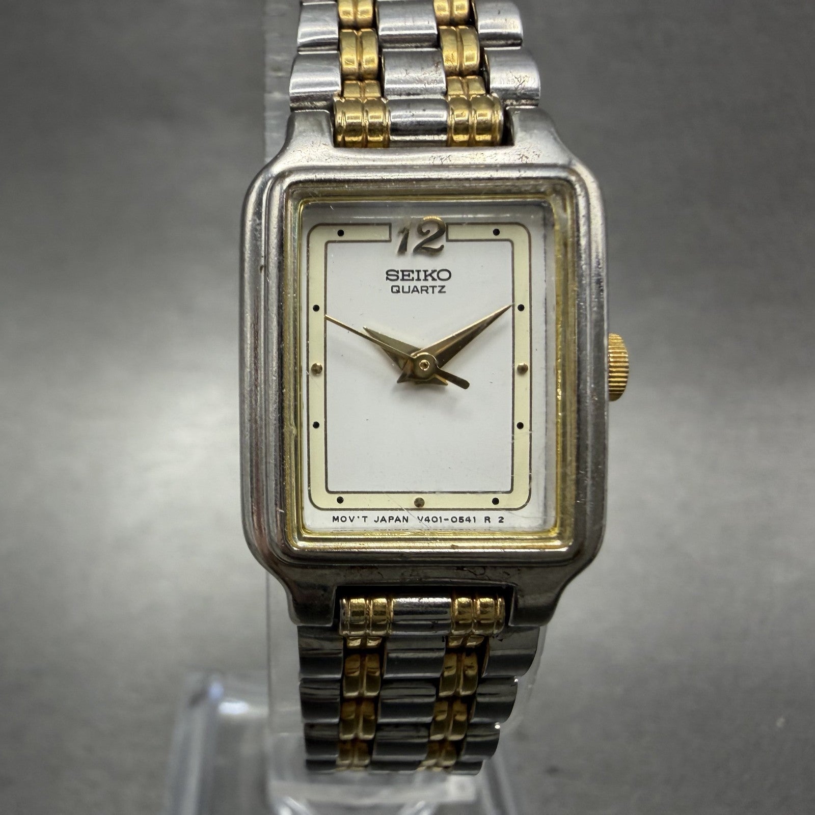 Seiko Tank Watch Women 18mm White Dial Two Tone Rectangle V401-5129 New BatteryB0