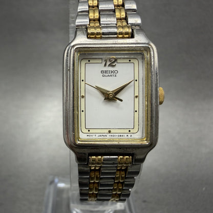 Seiko Tank Watch Women 18mm White Dial Two Tone Rectangle V401-5129 New BatteryB0