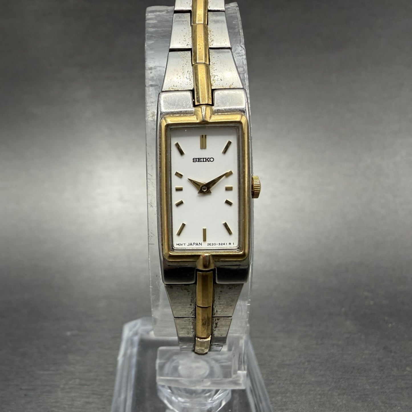 Seiko Tank Watch Women 13mm White Dial two Tone Rectangle 2e20-7479 New Batt OP90
