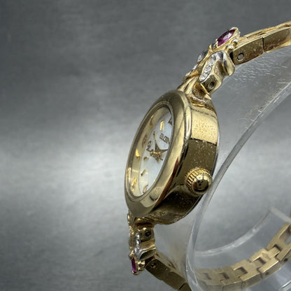 Elgin Watch Women 18mm MOP Dial Gold Tone Oval Ruby Diamond Bezel New Battery AB2