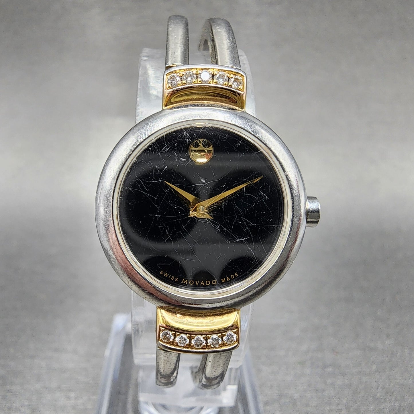 Movado Harmony Watch Women 23mm Black Dial Two Tone Diamond Bezel New Battery0