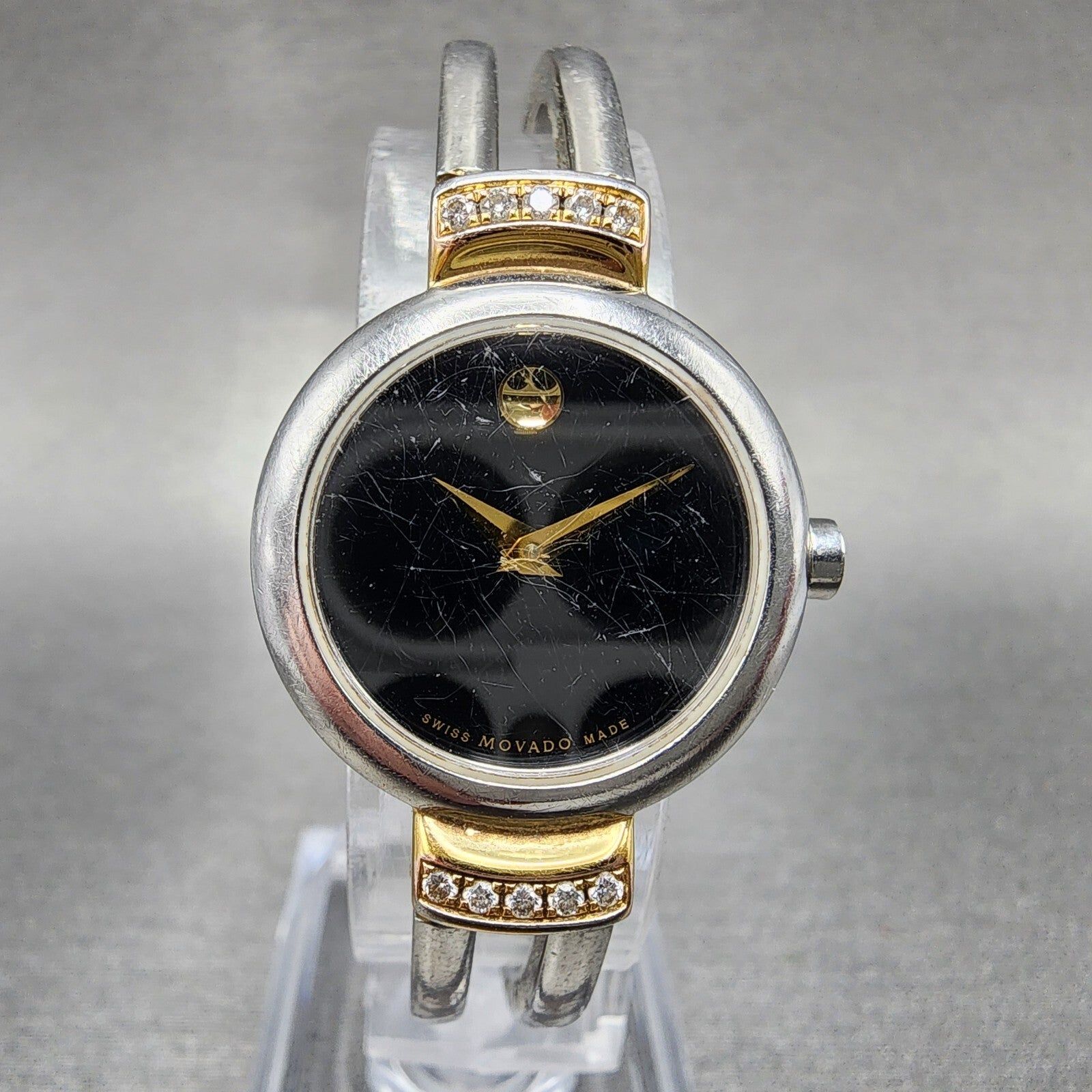 Movado Harmony Watch Women 23mm Black Dial Two Tone Diamond Bezel New Battery0