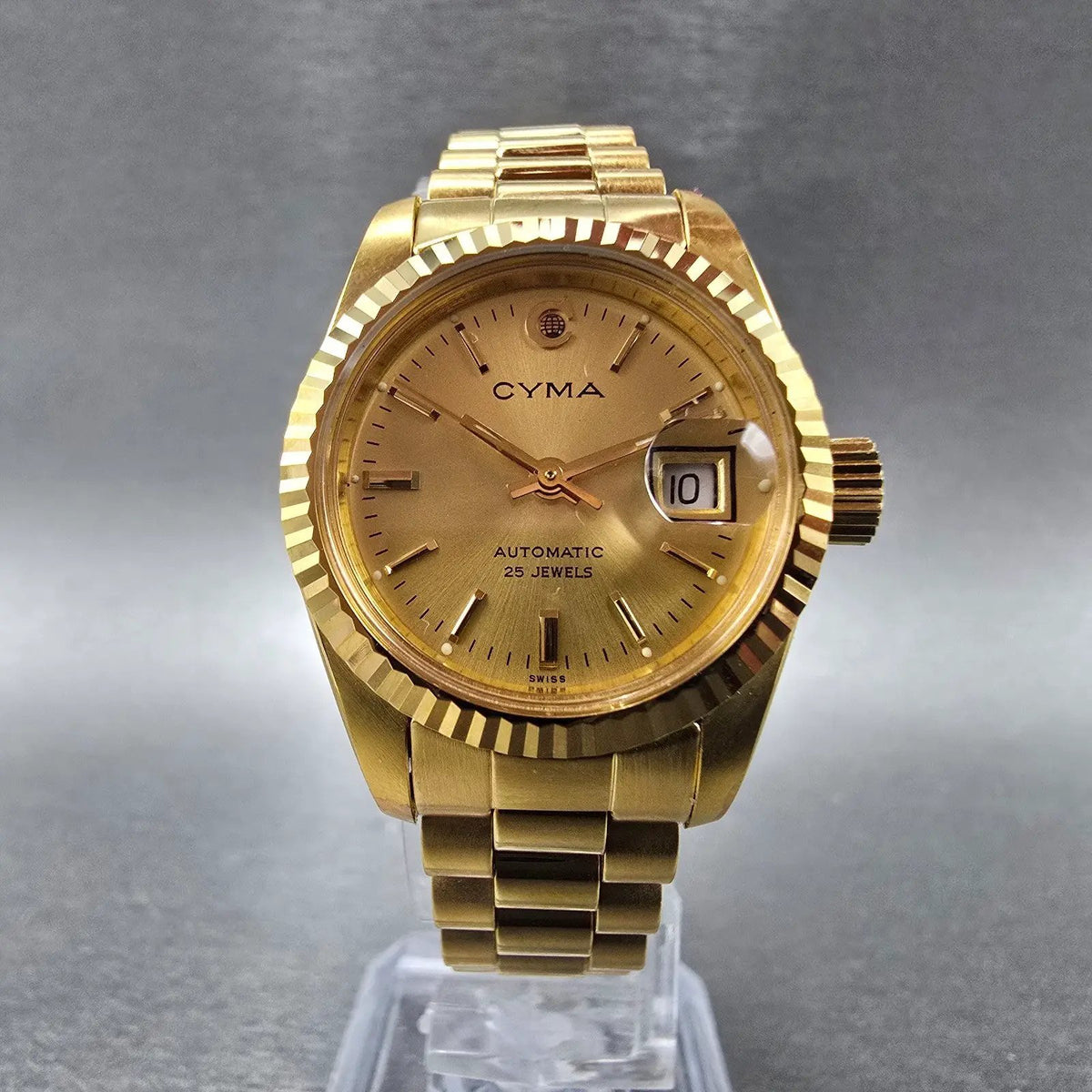 Cyma President Watch Women 26mm Gold Dial Gold Case Automatic Date Round WBox7