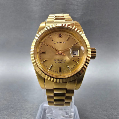 Cyma President Watch Women 26mm Gold Dial Gold Case Automatic Date Round WBox7