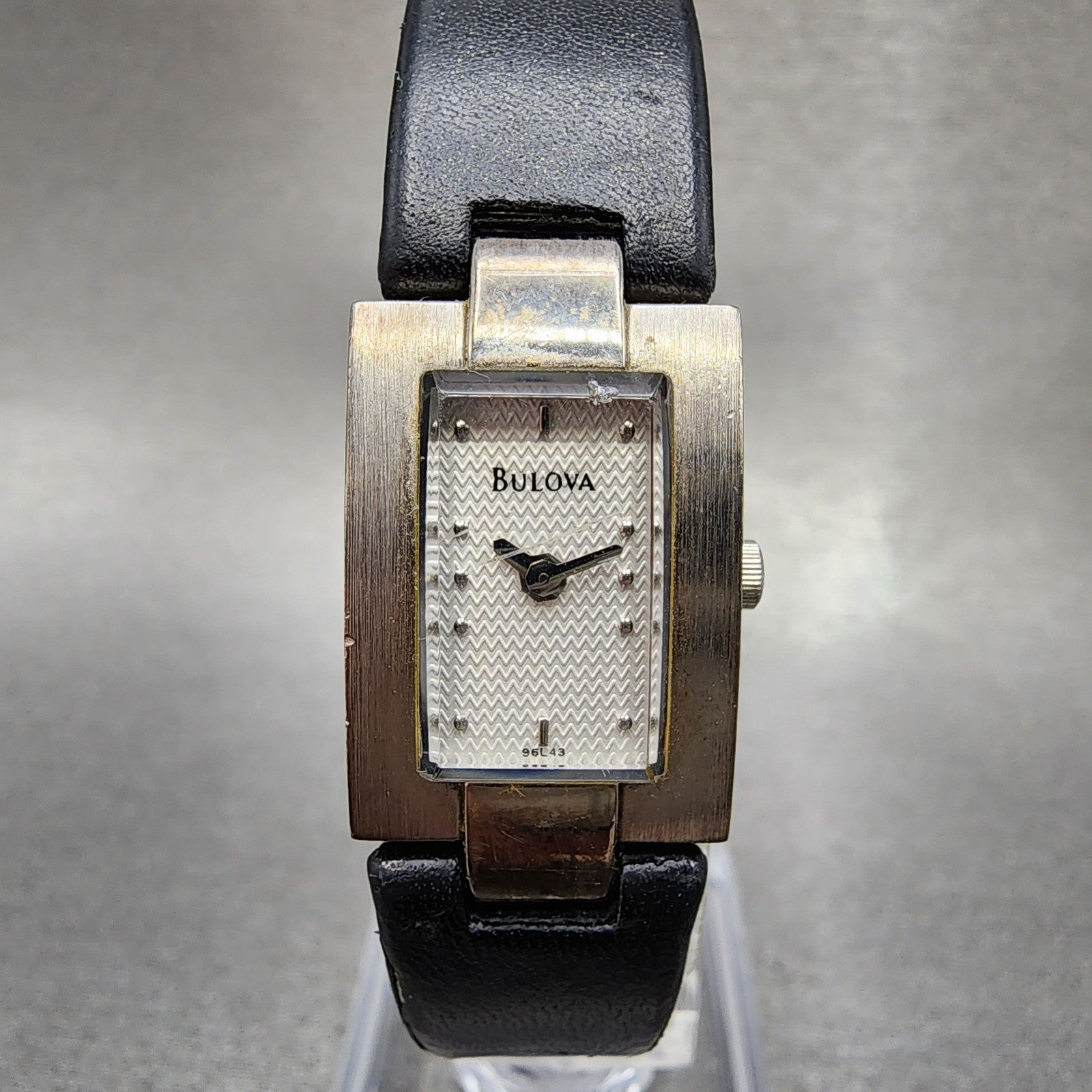 Bulova Tank Watch Women 16mm White Dial Silver Tone Rectangle 96L43 New Battery0