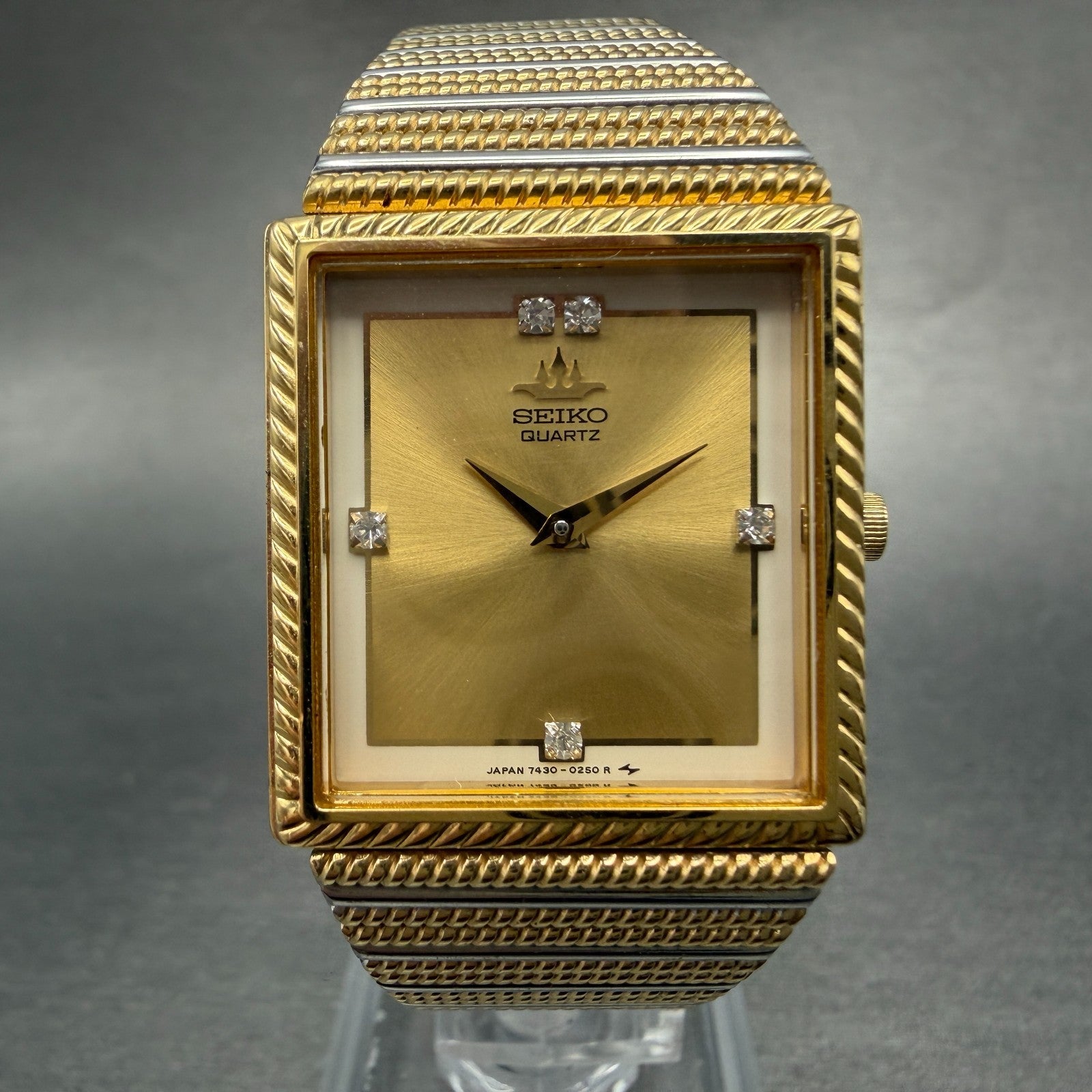 Seko Tank Watch Men 25mm Champagne Dial Two Tone Rectangle 7430-5740 New Battery0