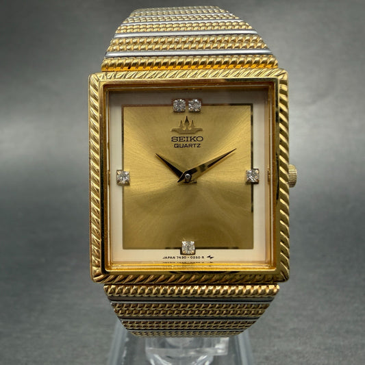 Seko Tank Watch Men 25mm Champagne Dial Two Tone Rectangle 7430-5740 New Battery0