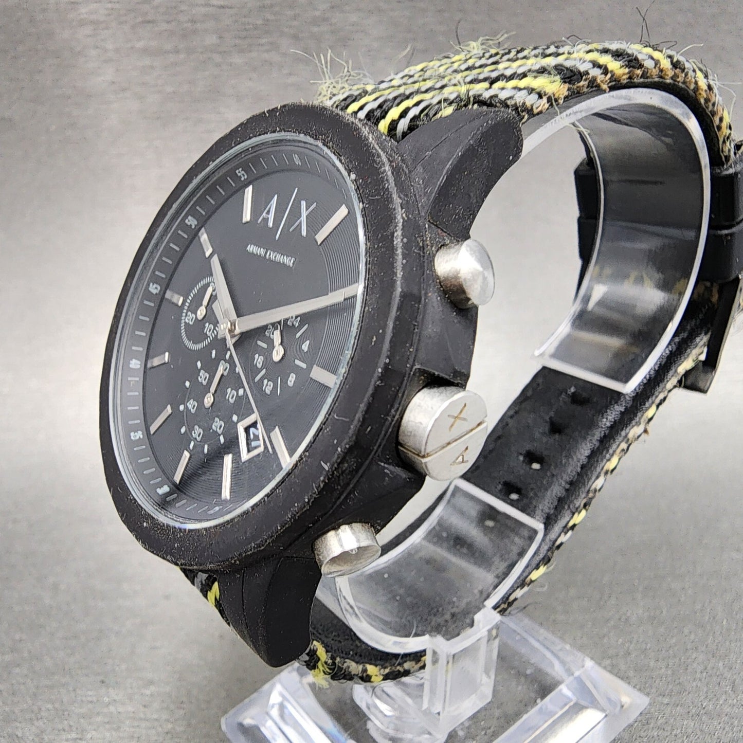 Armani Exchange men's black chronograph watch with yellow and black woven fabric strap