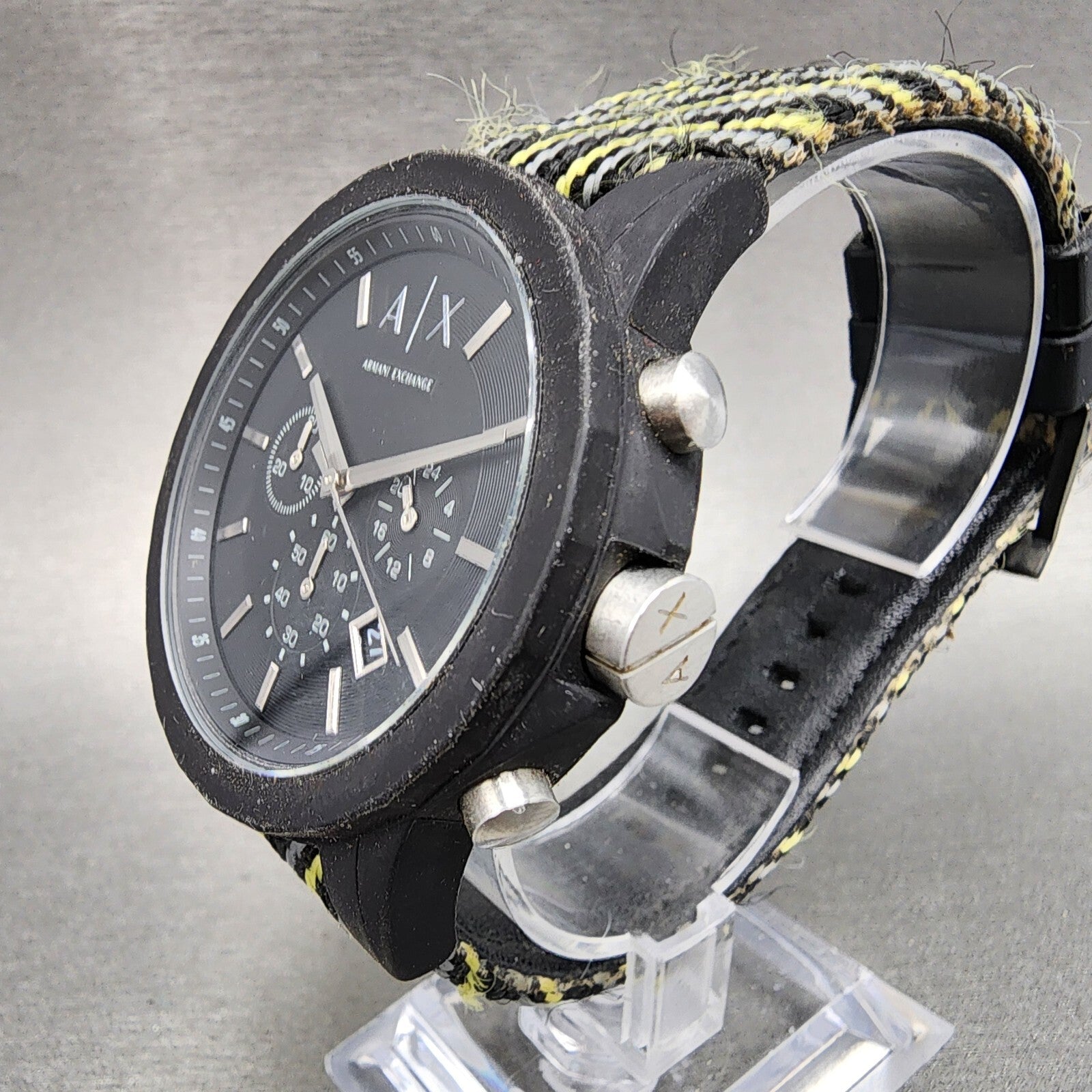 Armani Exchange men's black chronograph watch with yellow and black woven fabric strap