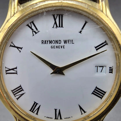Raymond Weil Watch Men 34mm White Dial Gold Tone Date Round 5569 New Battery1
