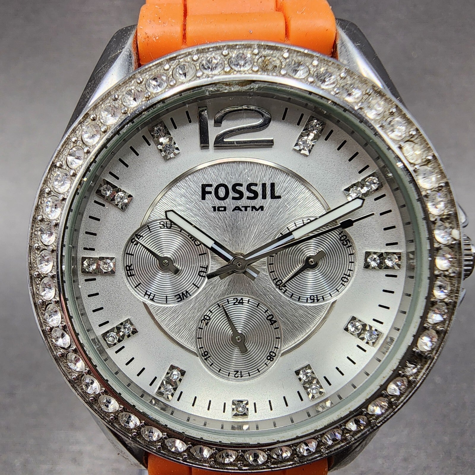 Fossil Riley Watch Women 39mm Silver Dial Stainless Steel Daydate Round New Batt1