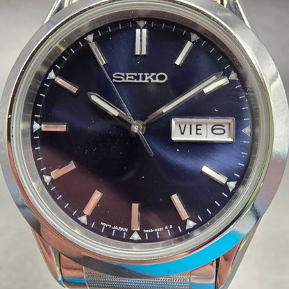Seiko Watch Men 37mm Blue Dial Silver Tone Daydate Round 7N43-9070 New Battery1