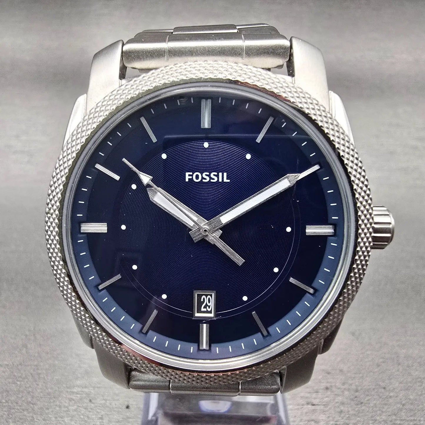 Fossil Machine Watch Men 43mm Blue Dial Silver Tone Date Round FS5340 New Batt1
