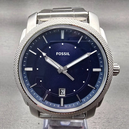 Fossil Machine Watch Men 43mm Blue Dial Silver Tone Date Round FS5340 New Batt1