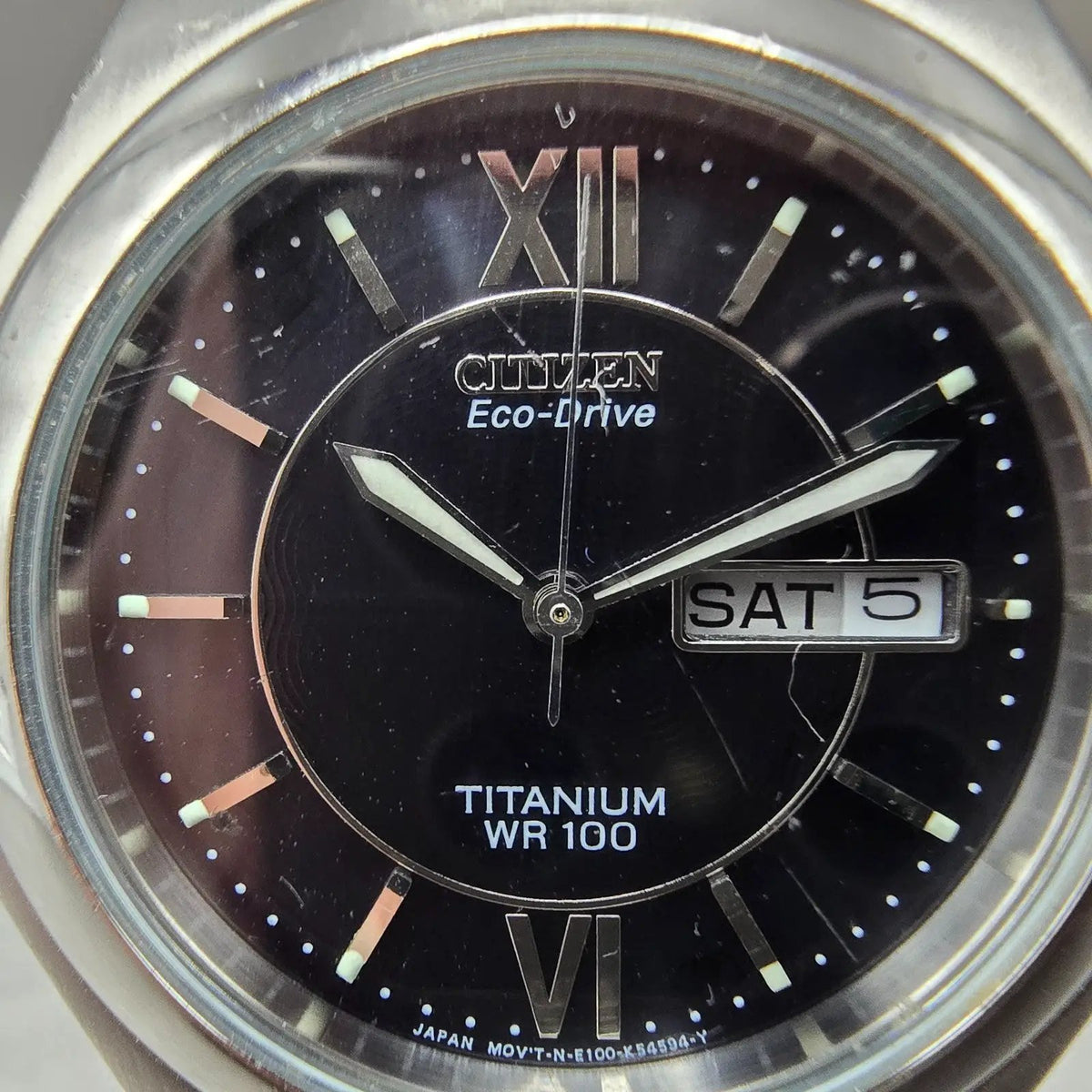 Citizen Eco-Drive Watch Men 36mm Black Dial Titanium Daydate E100-K18434 Runs1