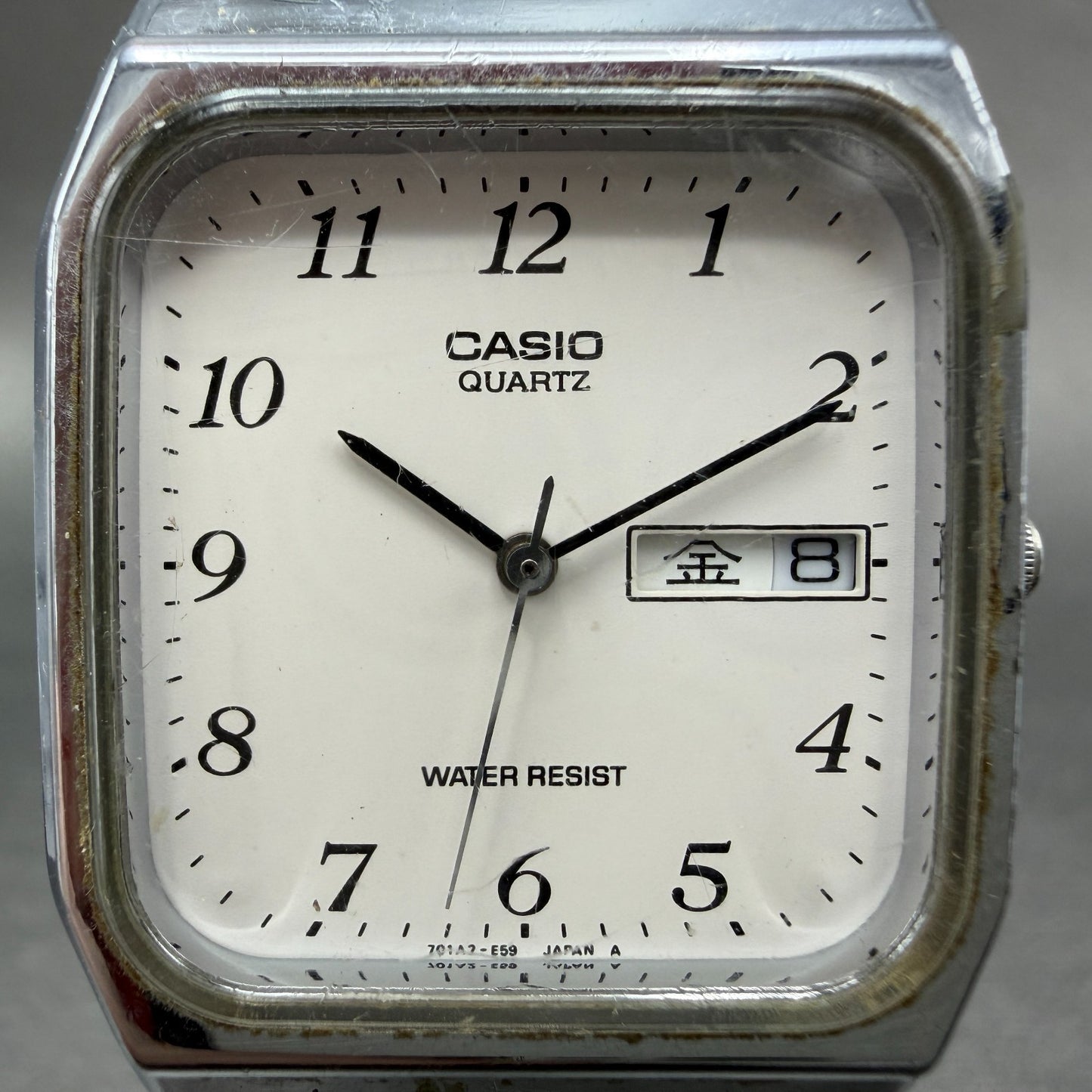 Casio MQ-518 Watch Men 30mm Silver Dial Silver Tone Rectangle Daydate New BattHJ1