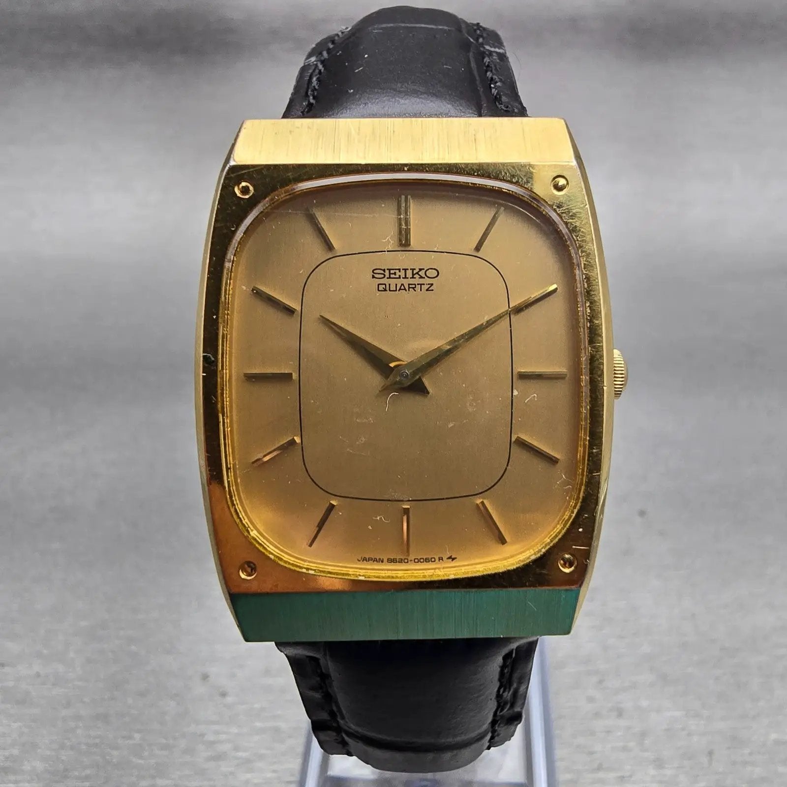 Seiko Watch Men 28mm Gold Dial Gold Tone Rectangle 8620-5029 New Battery Vintage0